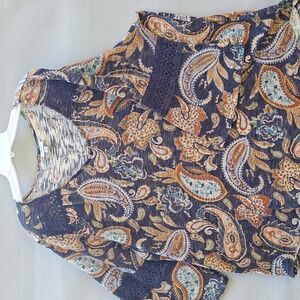 Avenue Multicolor Paisley Knit Fabric with lace inlays and bell sleeves. Tunic